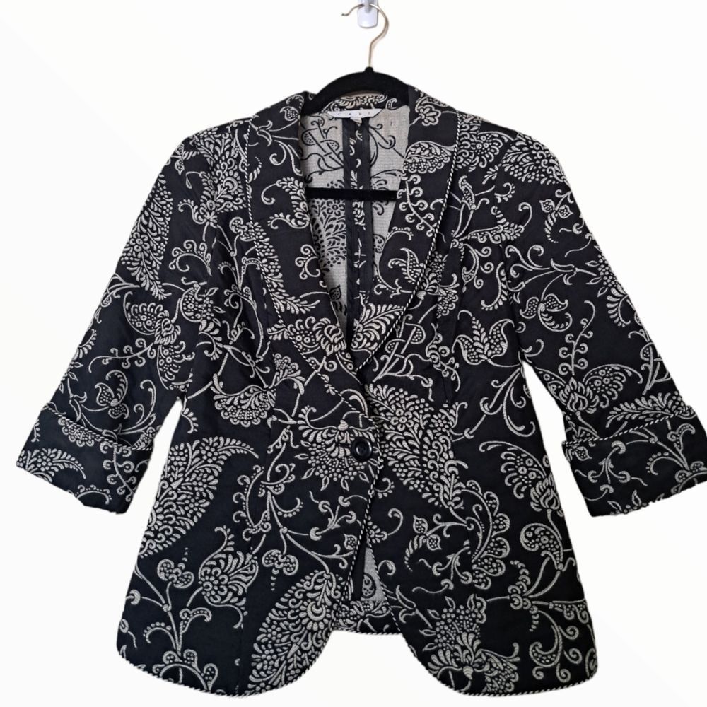 CAbi Black Blazer with White Floral Scroll Print